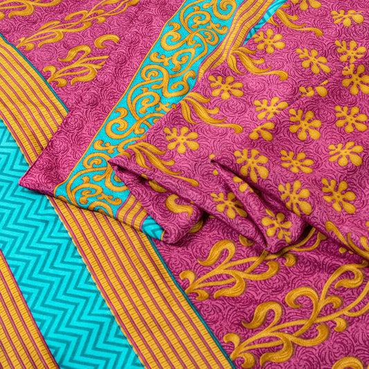 Sanskriti Vintage Sarees Pink Moss Crepe Floral Print 5+YD Dressmaking Soft Sari