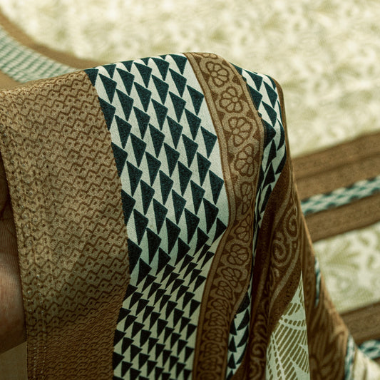 Sanskriti Vintage Sarees Ivory Moss Crepe Floral Print 6+YD Recycled Fabric Sari