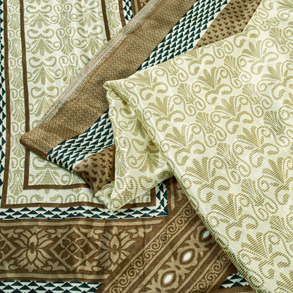 Sanskriti Vintage Sarees Ivory Moss Crepe Floral Print 6+YD Recycled Fabric Sari