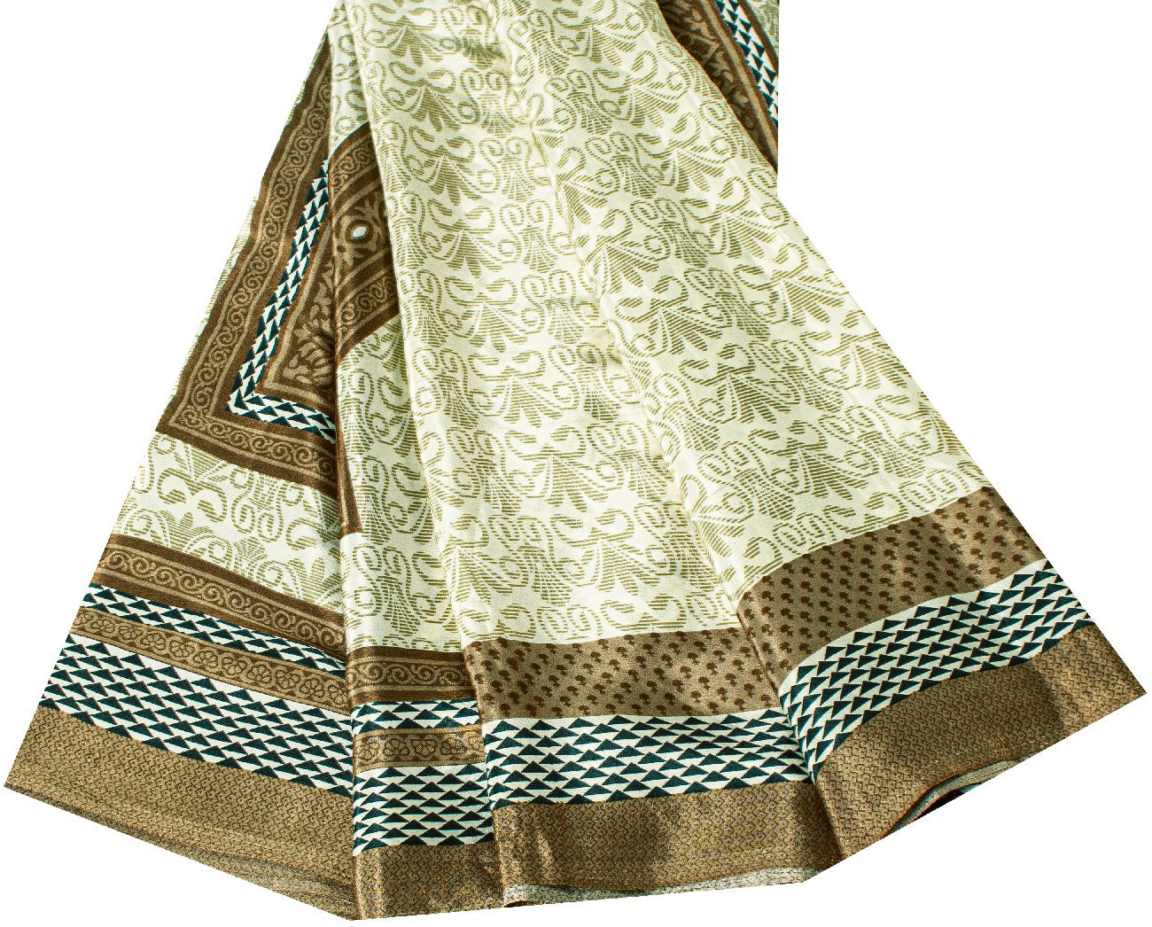 Sanskriti Vintage Sarees Ivory Moss Crepe Floral Print 6+YD Recycled Fabric Sari