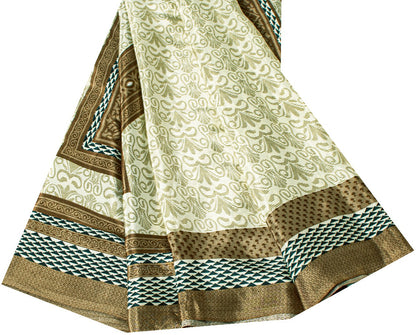 Sanskriti Vintage Sarees Ivory Moss Crepe Floral Print 6+YD Recycled Fabric Sari