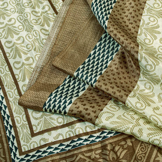 Sanskriti Vintage Sarees Ivory Moss Crepe Floral Print 6+YD Recycled Fabric Sari