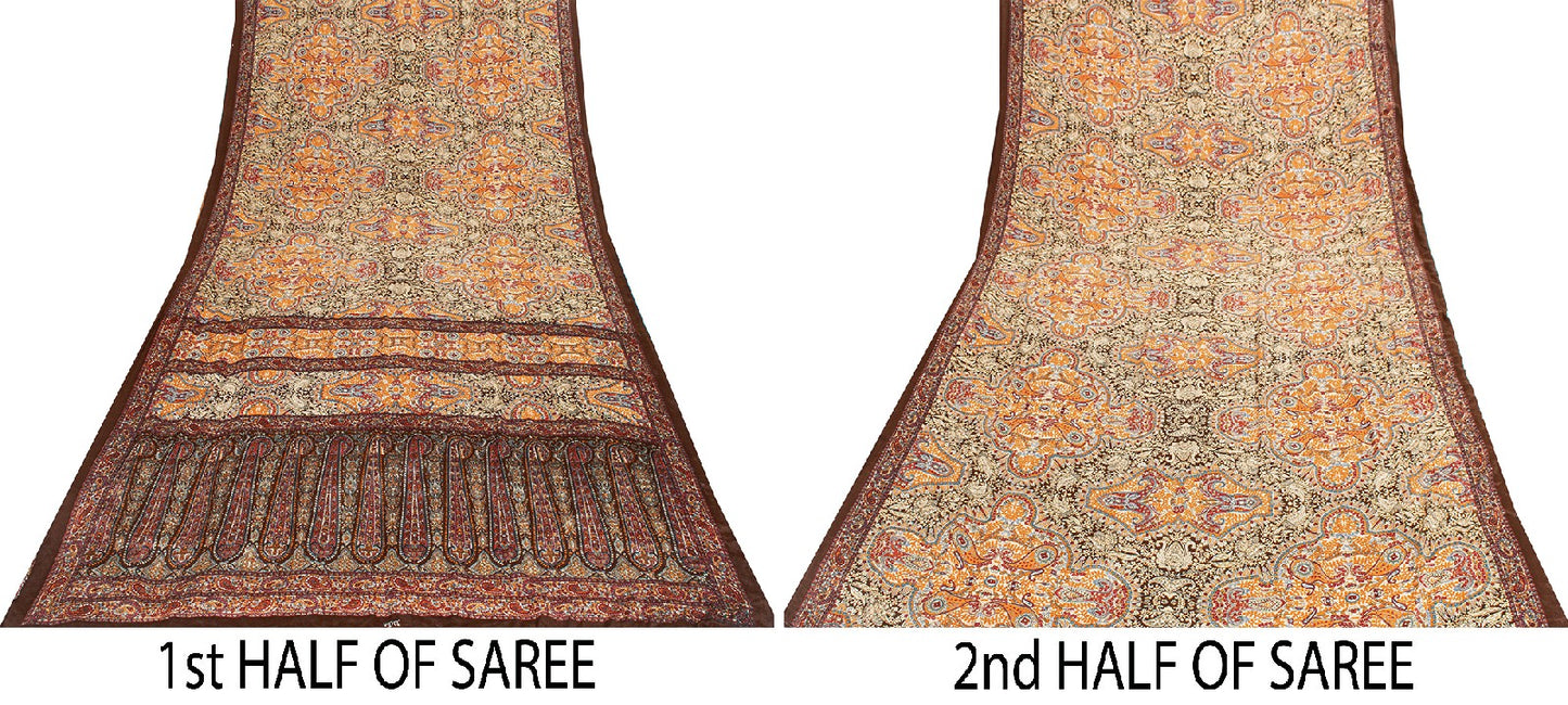 Sanskriti Vintage Craft Supplies Home Deco Ivory Floral Print 6YDSari Moss Crepe