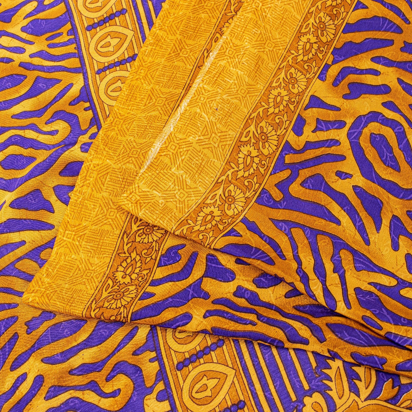 Sanskriti Vintage Craft Supplies Home Deco YellowFloral Print 5YDSari Moss Crepe