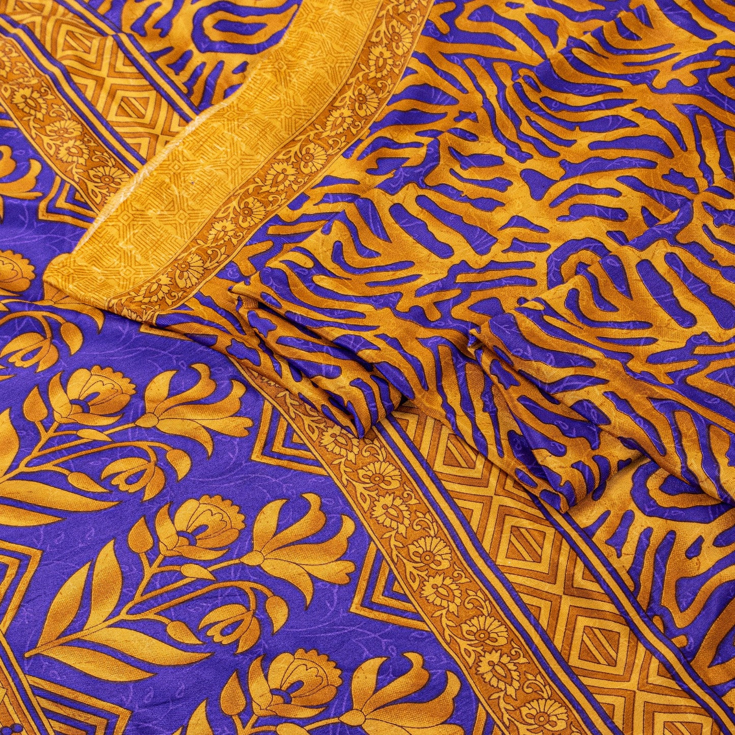 Sanskriti Vintage Craft Supplies Home Deco YellowFloral Print 5YDSari Moss Crepe