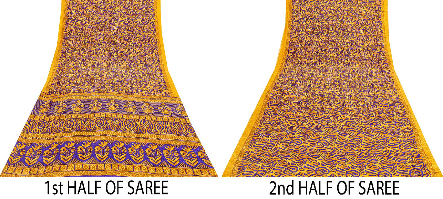 Sanskriti Vintage Craft Supplies Home Deco YellowFloral Print 5YDSari Moss Crepe
