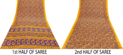 Sanskriti Vintage Craft Supplies Home Deco YellowFloral Print 5YDSari Moss Crepe