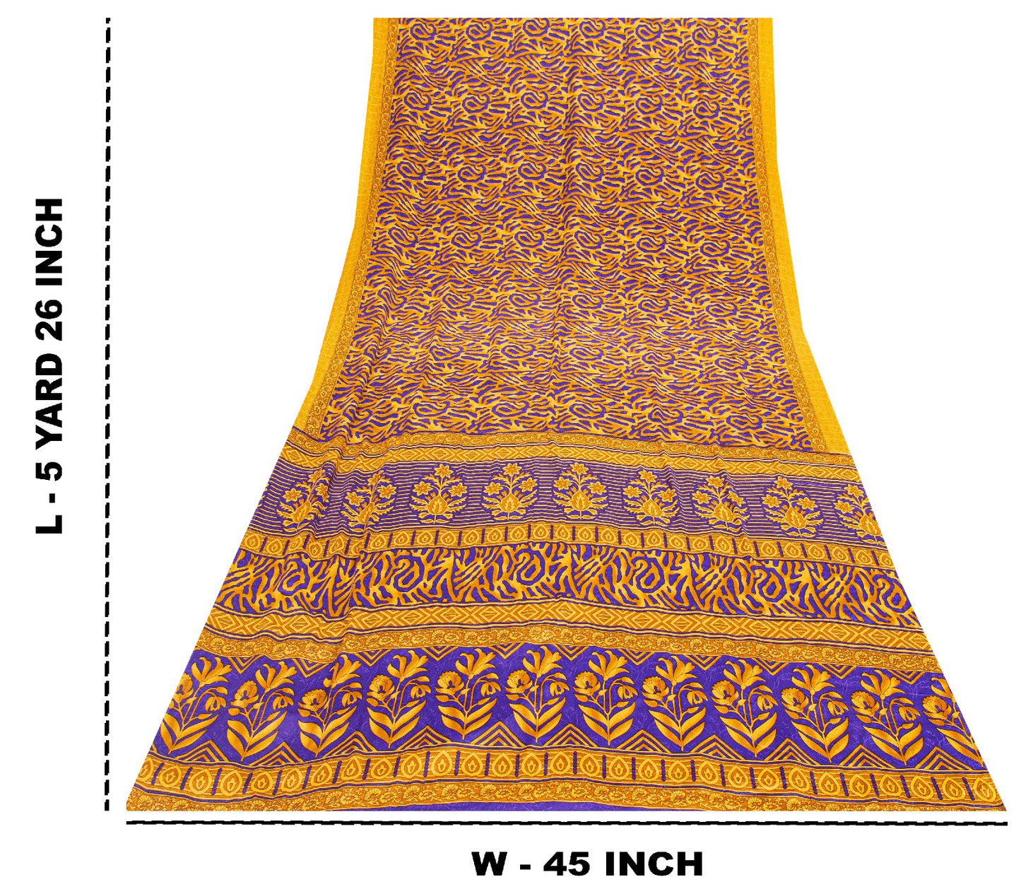 Sanskriti Vintage Craft Supplies Home Deco YellowFloral Print 5YDSari Moss Crepe