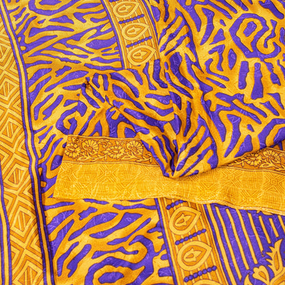 Sanskriti Vintage Craft Supplies Home Deco YellowFloral Print 5YDSari Moss Crepe