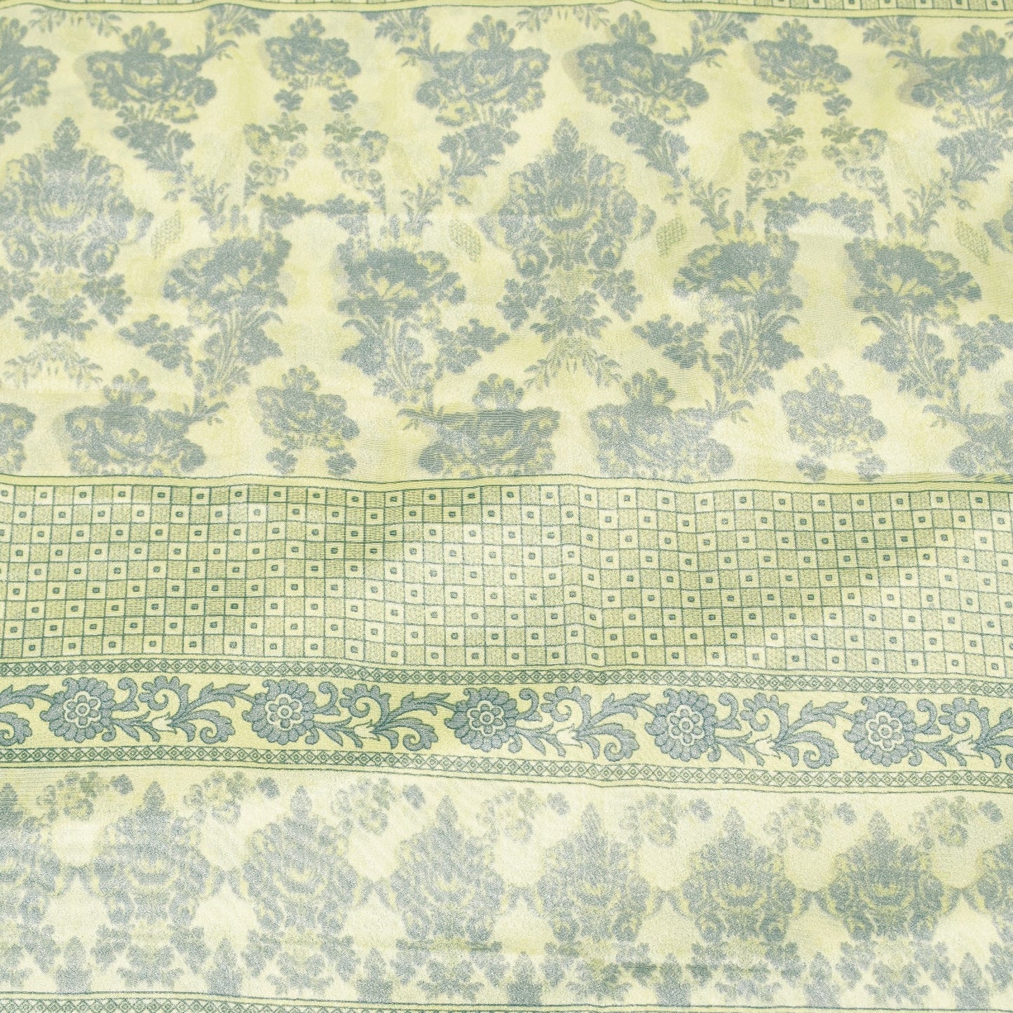 Sanskriti Vintage Sarees Yellow & Green Moss Crepe Floral Print Sari 5+yd Fabric