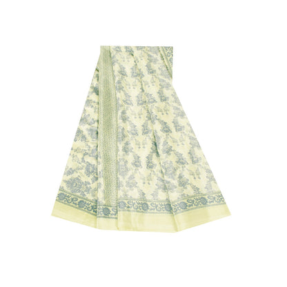 Sanskriti Vintage Sarees Yellow & Green Moss Crepe Floral Print Sari 5+yd Fabric