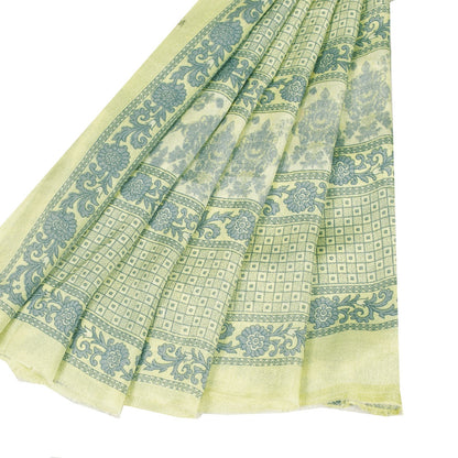 Sanskriti Vintage Sarees Yellow & Green Moss Crepe Floral Print Sari 5+yd Fabric