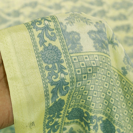 Sanskriti Vintage Sarees Yellow & Green Moss Crepe Floral Print Sari 5+yd Fabric