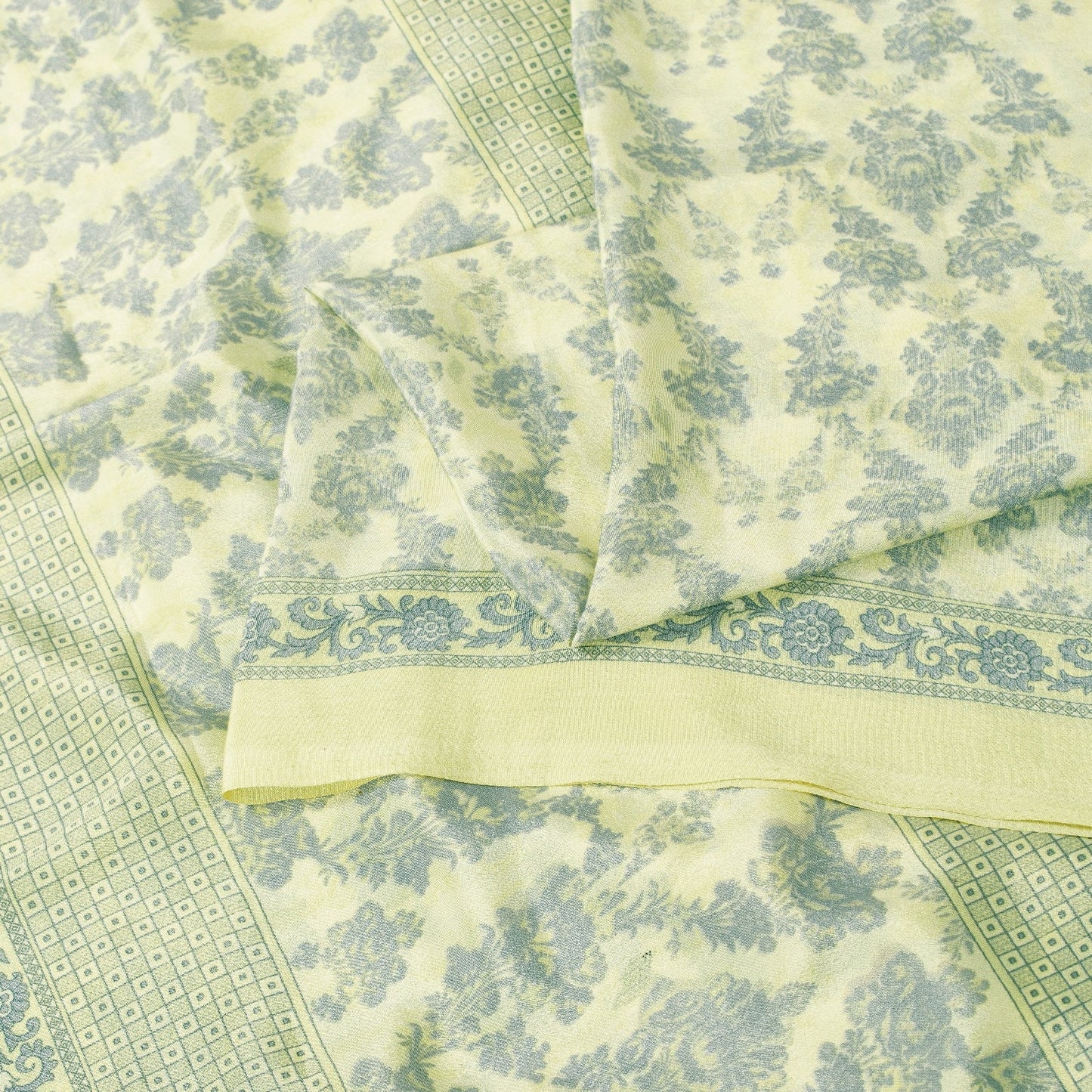 Sanskriti Vintage Sarees Yellow & Green Moss Crepe Floral Print Sari 5+yd Fabric