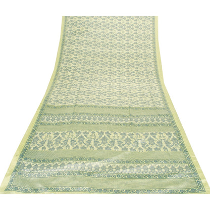 Sanskriti Vintage Sarees Yellow & Green Moss Crepe Floral Print Sari 5+yd Fabric