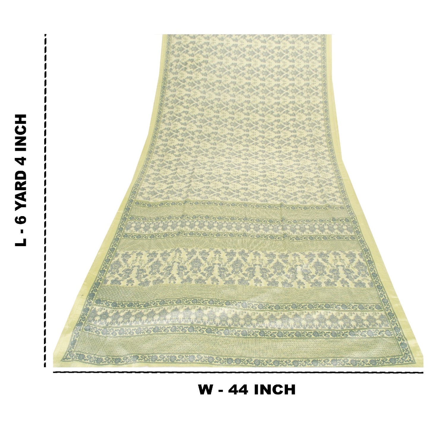 Sanskriti Vintage Sarees Yellow & Green Moss Crepe Floral Print Sari 5+yd Fabric