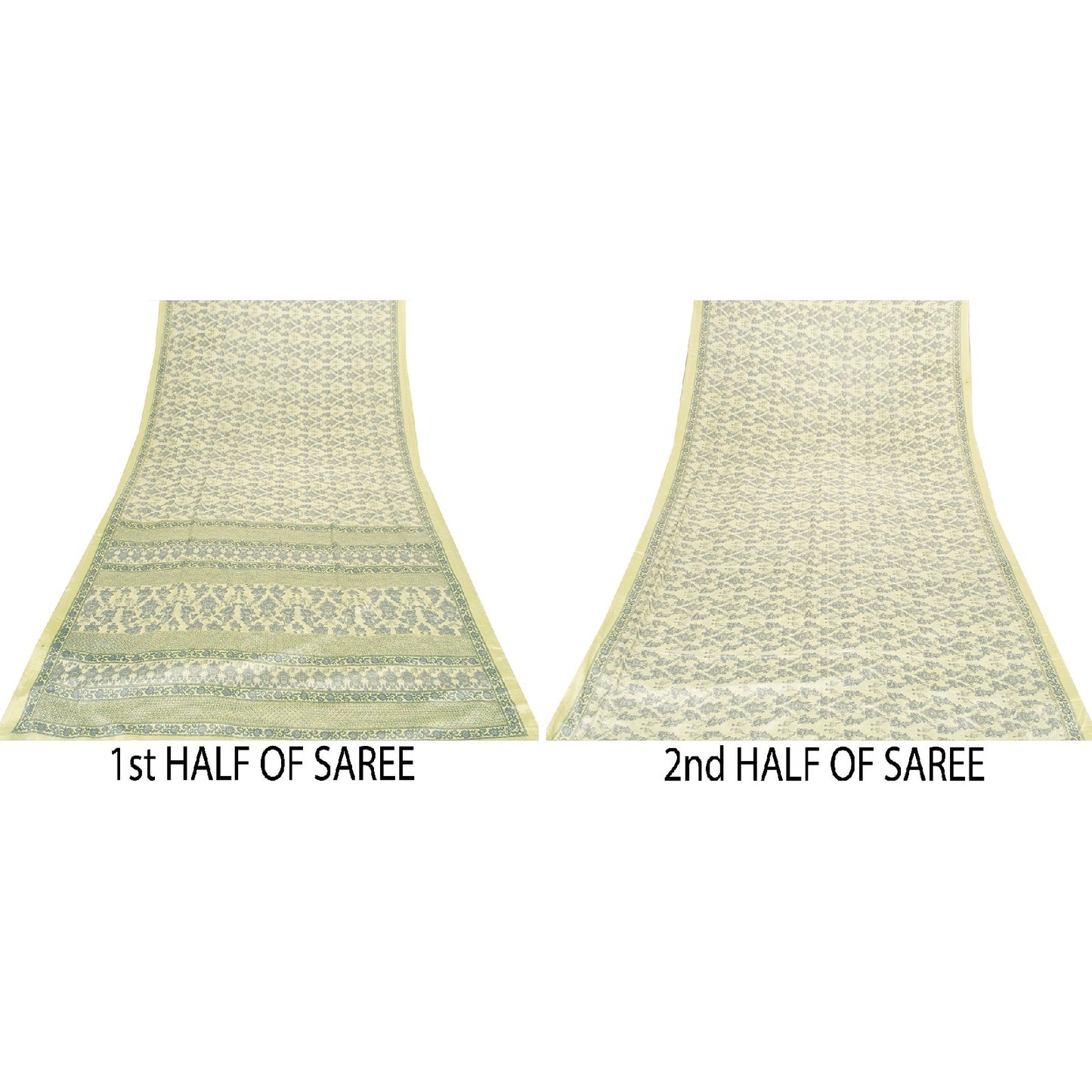 Sanskriti Vintage Sarees Yellow & Green Moss Crepe Floral Print Sari 5+yd Fabric