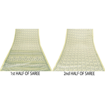 Sanskriti Vintage Sarees Yellow & Green Moss Crepe Floral Print Sari 5+yd Fabric