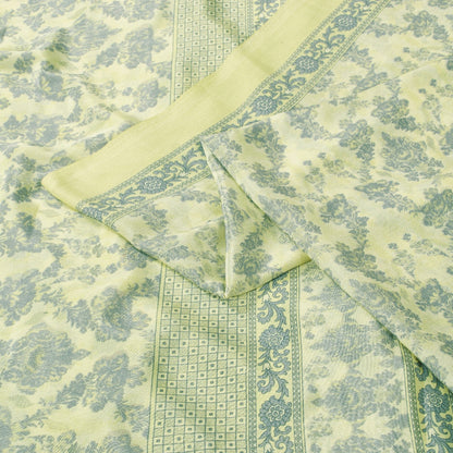 Sanskriti Vintage Sarees Yellow & Green Moss Crepe Floral Print Sari 5+yd Fabric