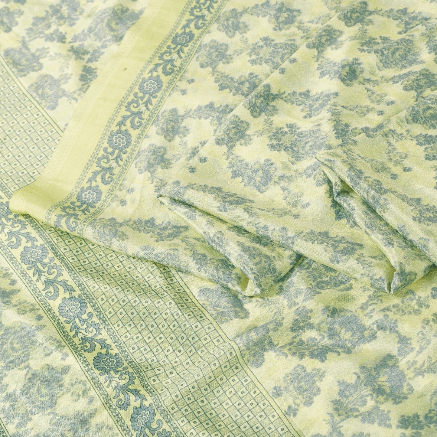 Sanskriti Vintage Sarees Yellow & Green Moss Crepe Floral Print Sari 5+yd Fabric