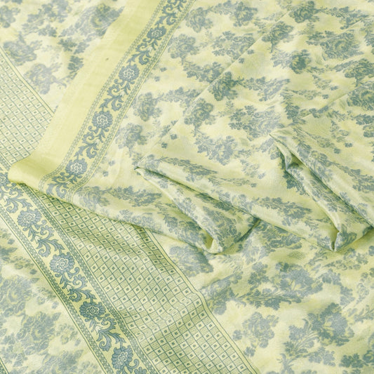 Sanskriti Vintage Sarees Yellow & Green Moss Crepe Floral Print Sari 5+yd Fabric