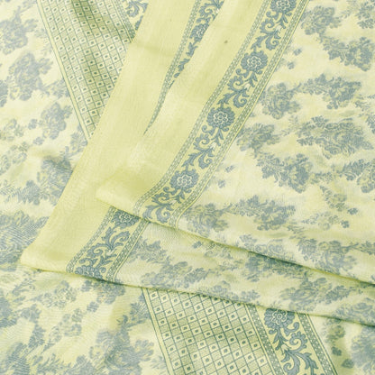 Sanskriti Vintage Sarees Yellow & Green Moss Crepe Floral Print Sari 5+yd Fabric