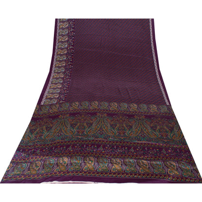 Sanskriti Vintage Sarees Wine Moss Crepe Floral Printed Sari 7yd Craft Fabric