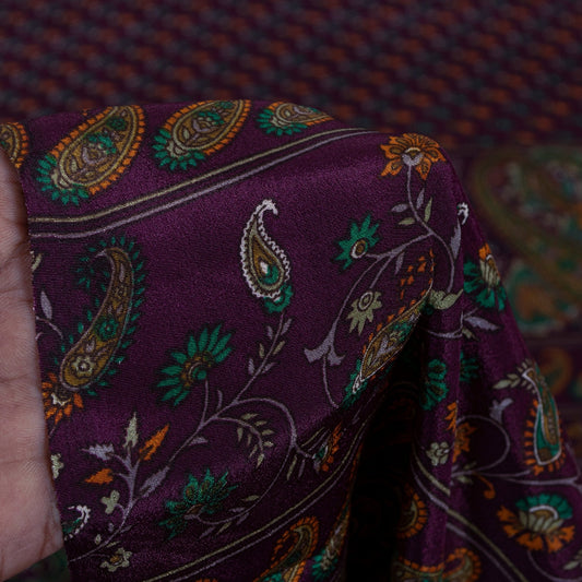 Sanskriti Vintage Sarees Wine Moss Crepe Floral Printed Sari 7yd Craft Fabric