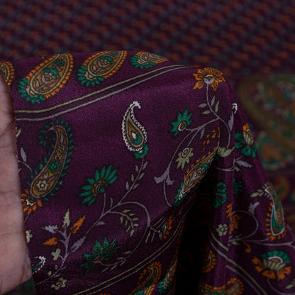 Sanskriti Vintage Sarees Wine Moss Crepe Floral Printed Sari 7yd Craft Fabric