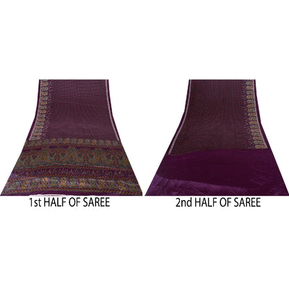 Sanskriti Vintage Sarees Wine Moss Crepe Floral Printed Sari 7yd Craft Fabric