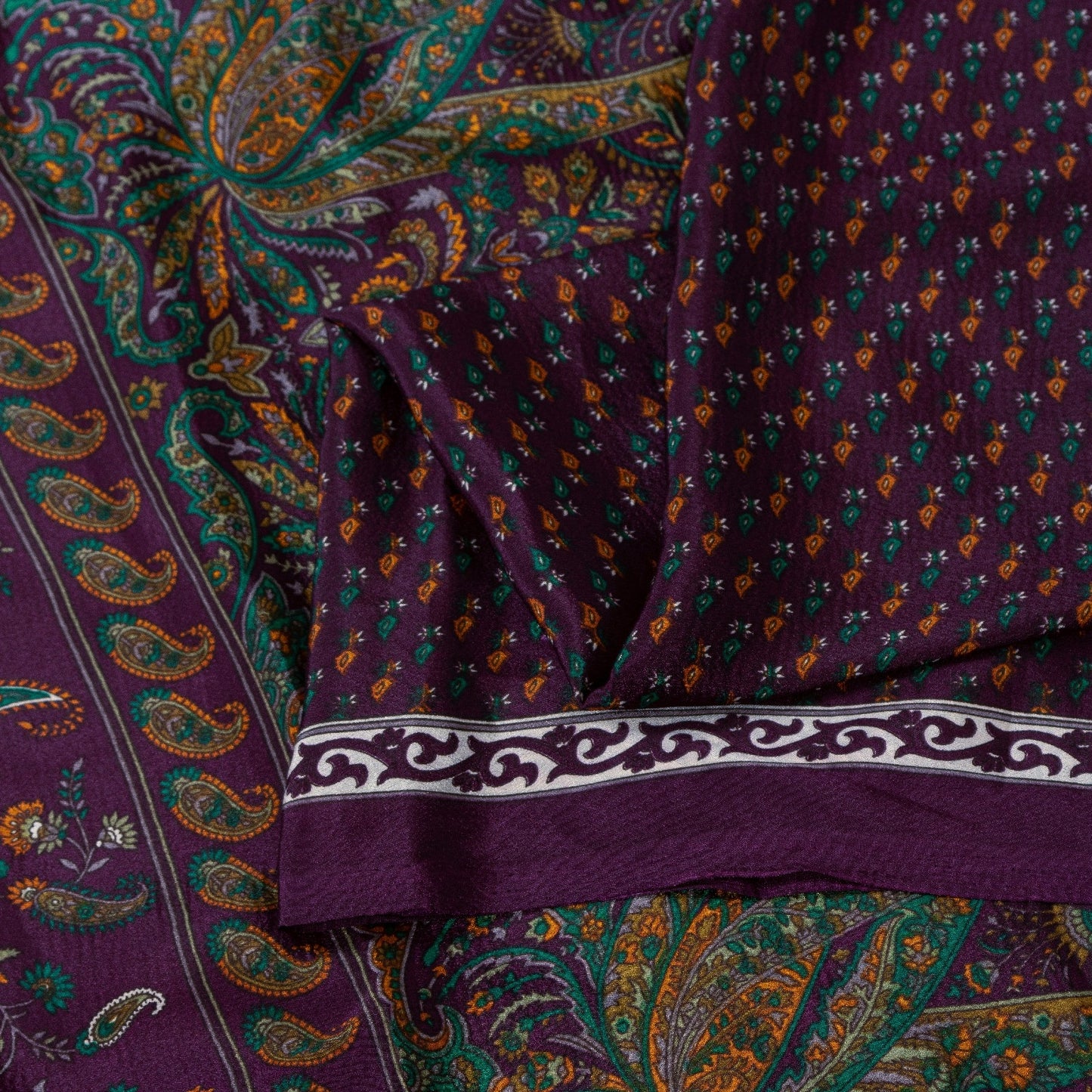 Sanskriti Vintage Sarees Wine Moss Crepe Floral Printed Sari 7yd Craft Fabric