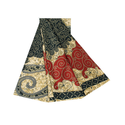 Sanskriti Vintage Sarees Black & Cream Moss Crepe Paisley Print Sari 5+yd Fabric