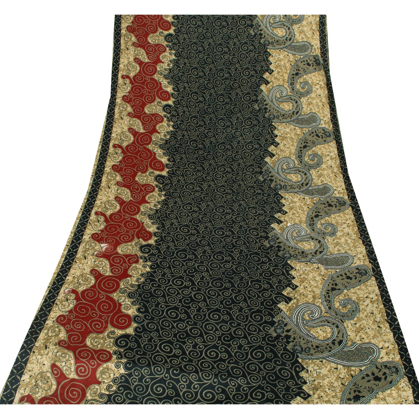 Sanskriti Vintage Sarees Black & Cream Moss Crepe Paisley Print Sari 5+yd Fabric