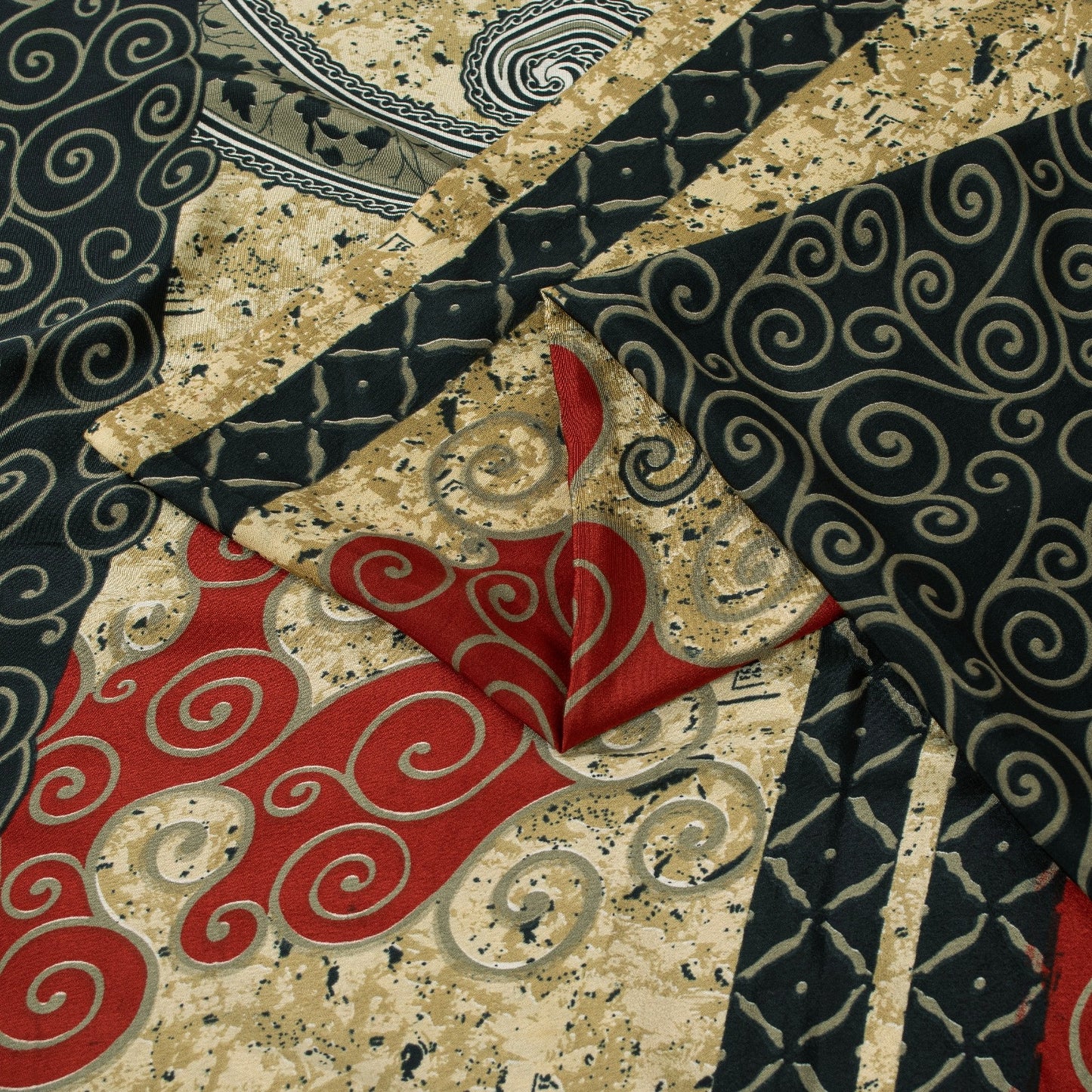 Sanskriti Vintage Sarees Black & Cream Moss Crepe Paisley Print Sari 5+yd Fabric