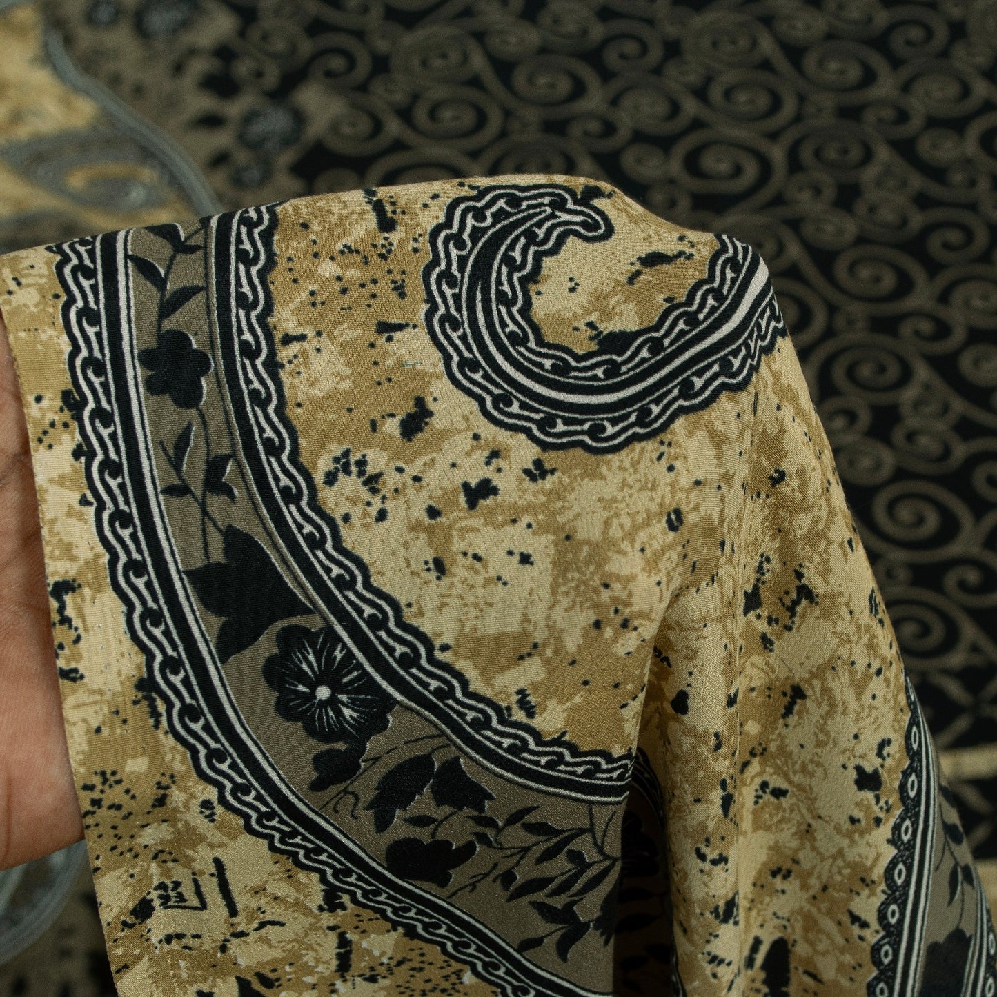 Sanskriti Vintage Sarees Black & Cream Moss Crepe Paisley Print Sari 5+yd Fabric