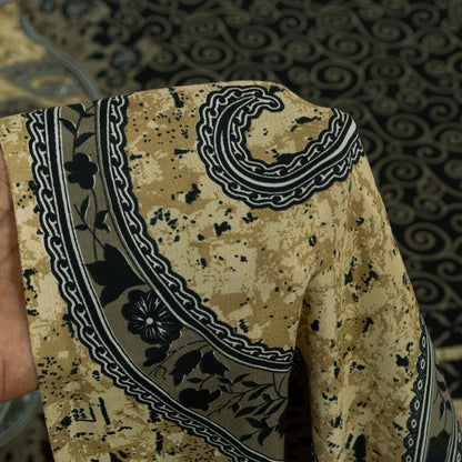 Sanskriti Vintage Sarees Black & Cream Moss Crepe Paisley Print Sari 5+yd Fabric