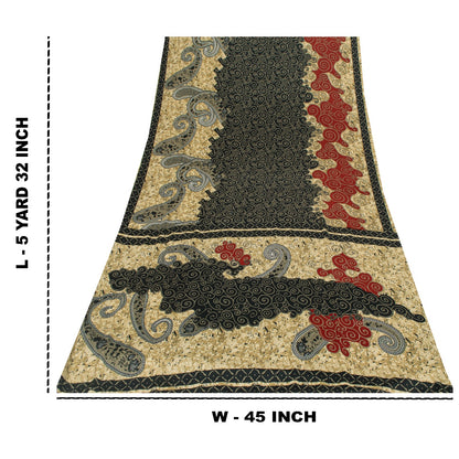 Sanskriti Vintage Sarees Black & Cream Moss Crepe Paisley Print Sari 5+yd Fabric