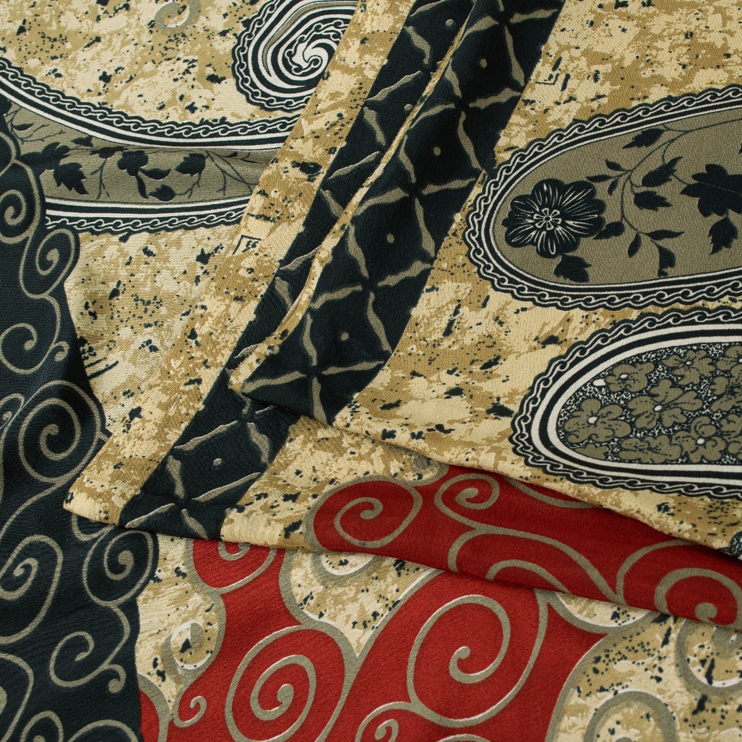 Sanskriti Vintage Sarees Black & Cream Moss Crepe Paisley Print Sari 5+yd Fabric