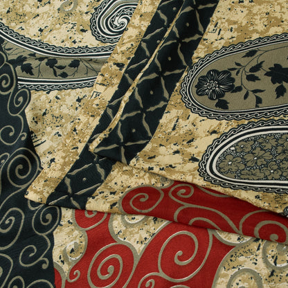 Sanskriti Vintage Sarees Black & Cream Moss Crepe Paisley Print Sari 5+yd Fabric