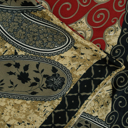 Sanskriti Vintage Sarees Black & Cream Moss Crepe Paisley Print Sari 5+yd Fabric