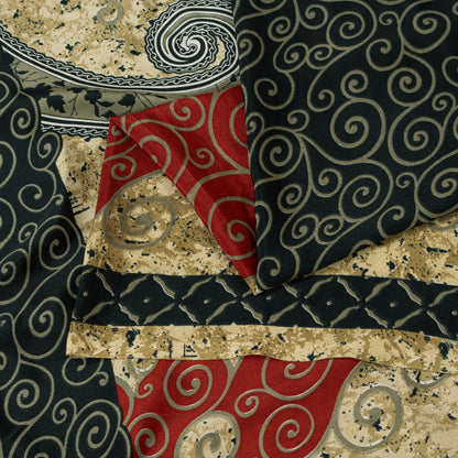 Sanskriti Vintage Sarees Black & Cream Moss Crepe Paisley Print Sari 5+yd Fabric