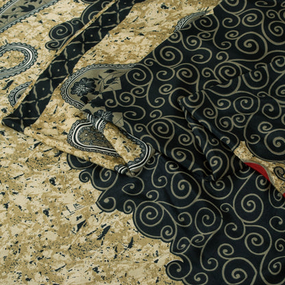 Sanskriti Vintage Sarees Black & Cream Moss Crepe Paisley Print Sari 5+yd Fabric