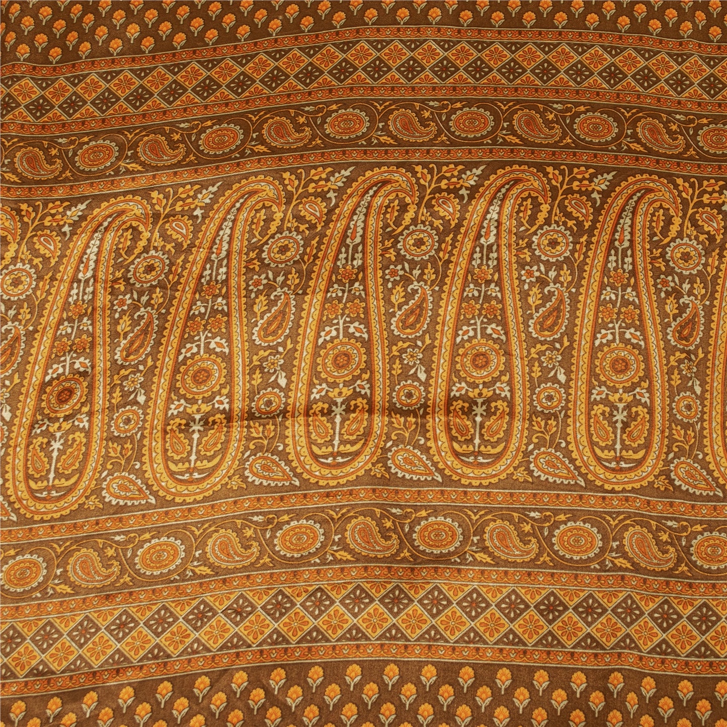 Sanskriti Vintage Sarees Brown & Yellow Moss Crepe Print Sari 5+YD Craft Fabric