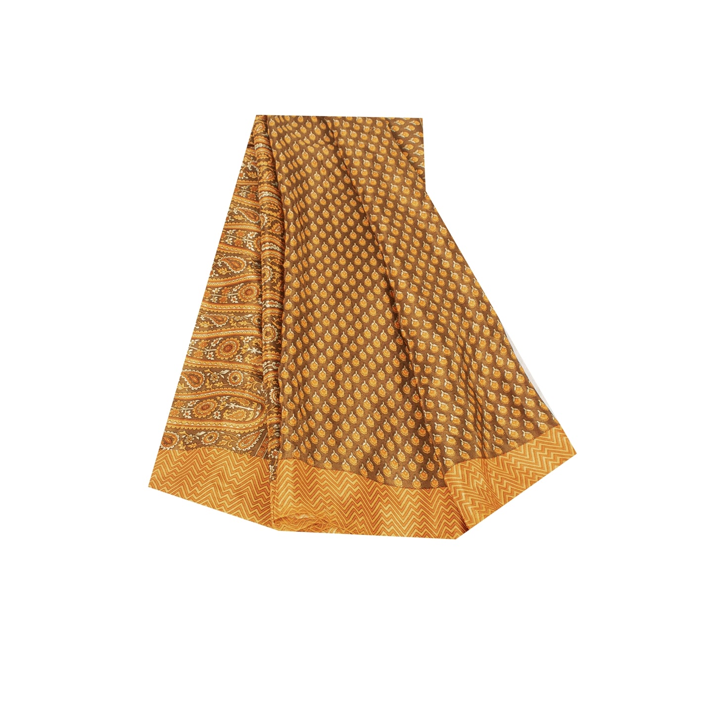 Sanskriti Vintage Sarees Brown & Yellow Moss Crepe Print Sari 5+YD Craft Fabric