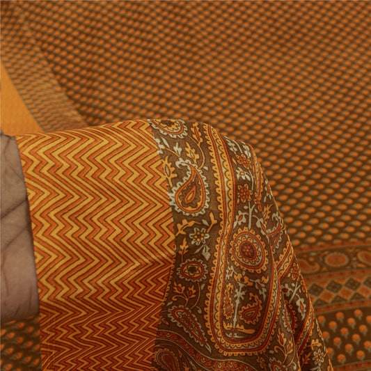 Sanskriti Vintage Sarees Brown & Yellow Moss Crepe Print Sari 5+YD Craft Fabric