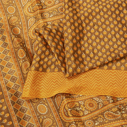 Sanskriti Vintage Sarees Brown & Yellow Moss Crepe Print Sari 5+YD Craft Fabric