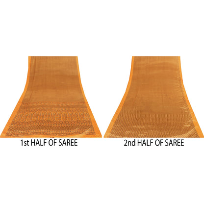 Sanskriti Vintage Sarees Brown & Yellow Moss Crepe Print Sari 5+YD Craft Fabric