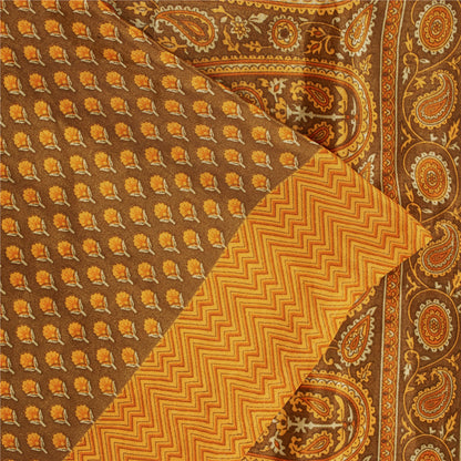 Sanskriti Vintage Sarees Brown & Yellow Moss Crepe Print Sari 5+YD Craft Fabric