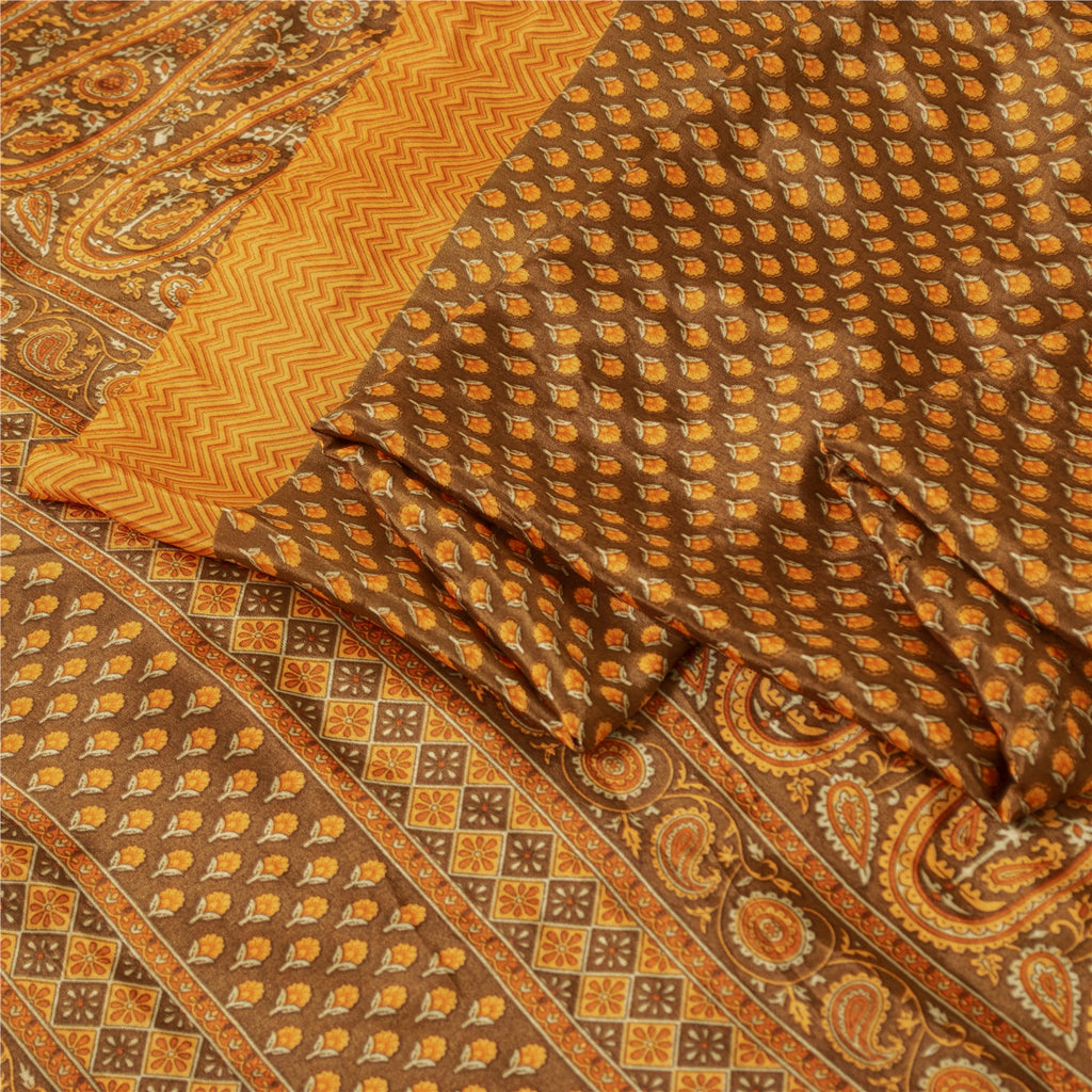 Sanskriti Vintage Sarees Brown & Yellow Moss Crepe Print Sari 5+YD Craft Fabric