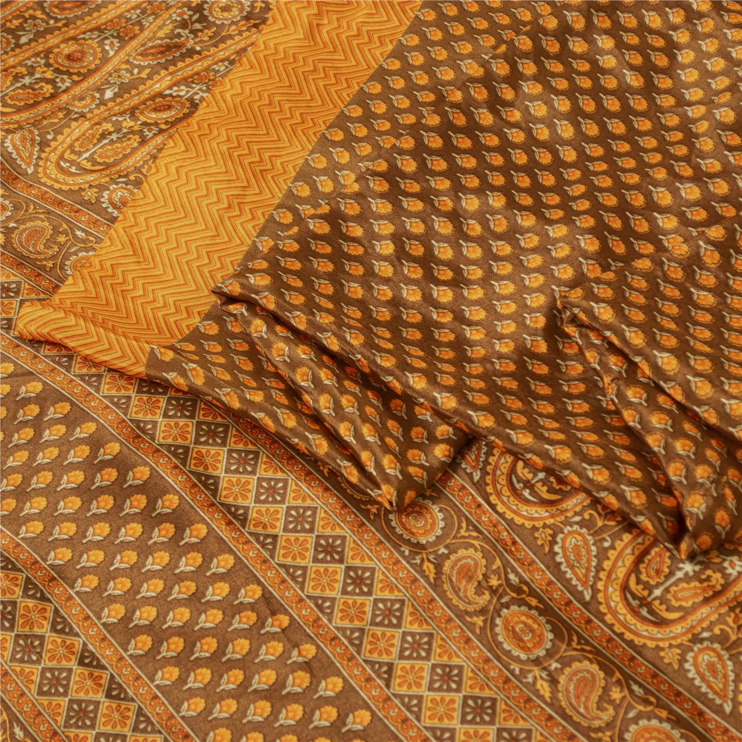 Sanskriti Vintage Sarees Brown & Yellow Moss Crepe Print Sari 5+YD Craft Fabric